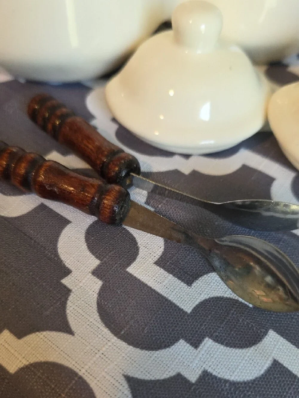 Ceramic Double Condiment Server in Cream with Wooden Spoons